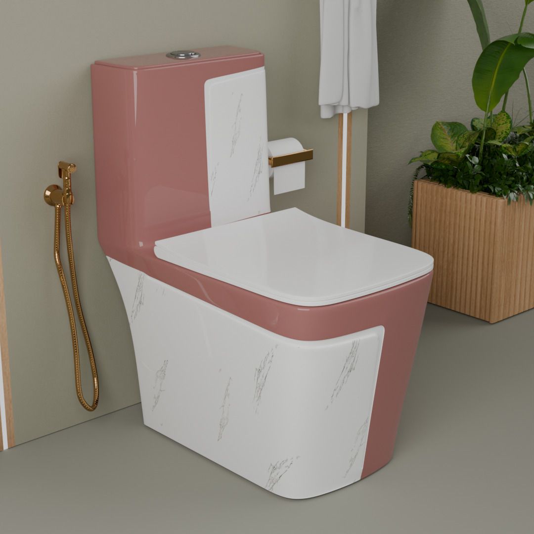 2015EL Premium Quality Shining S-Trap Square Pink Commode With White Marble Finishing Western Commode-image-0
