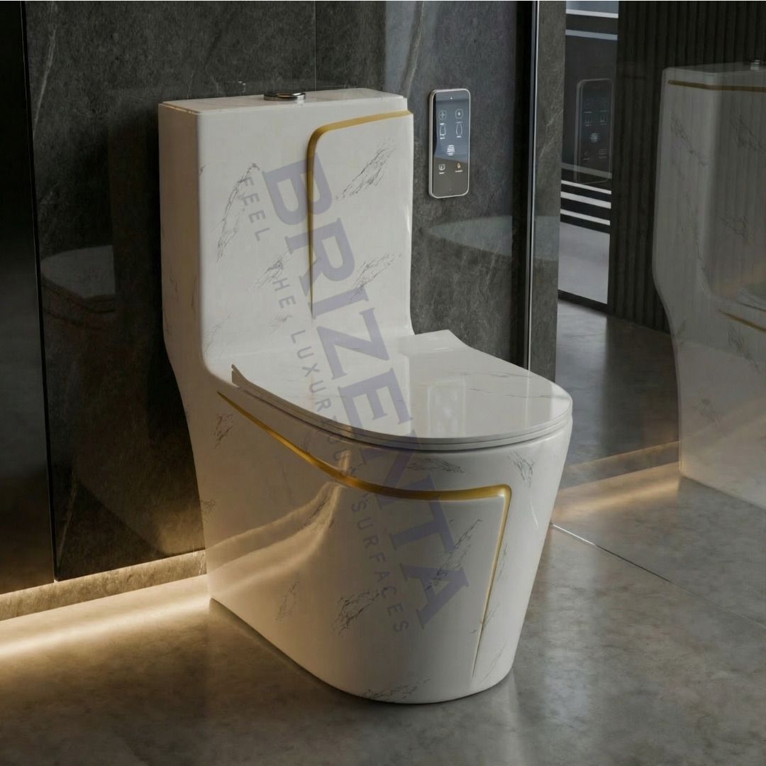 BBB1008 commode with Yellow Finishing Line and Round Flush Button Premium Quality Cool White Marble Western Commode-image-9