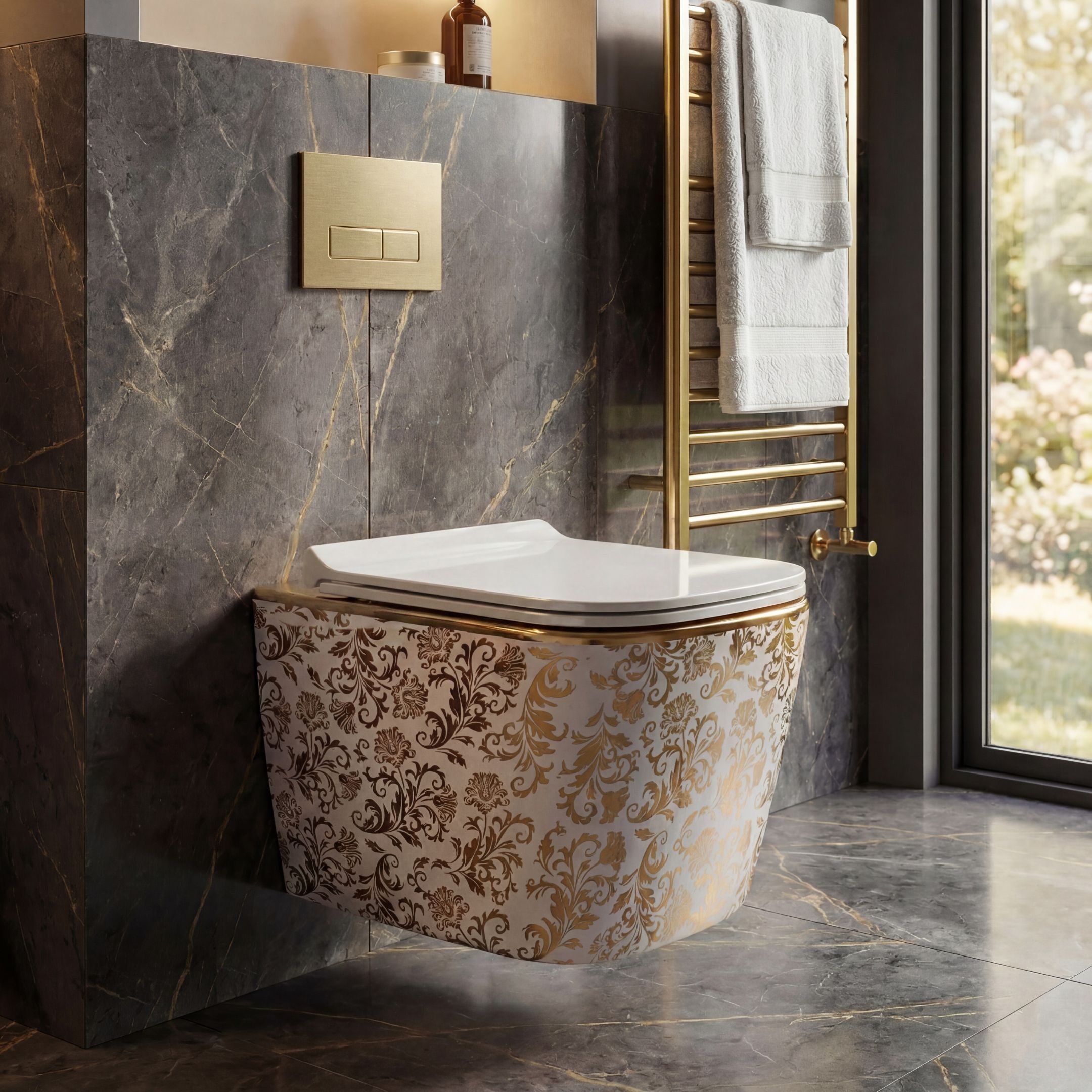 Tokyo Wall Hung Toilet | Ceramic Wall Mounted Commode with Soft Close Seat Cover | P-Trap Washdown WC | Space Saving Bathroom Toilet | Gold Floral Design Western Commode-image-41