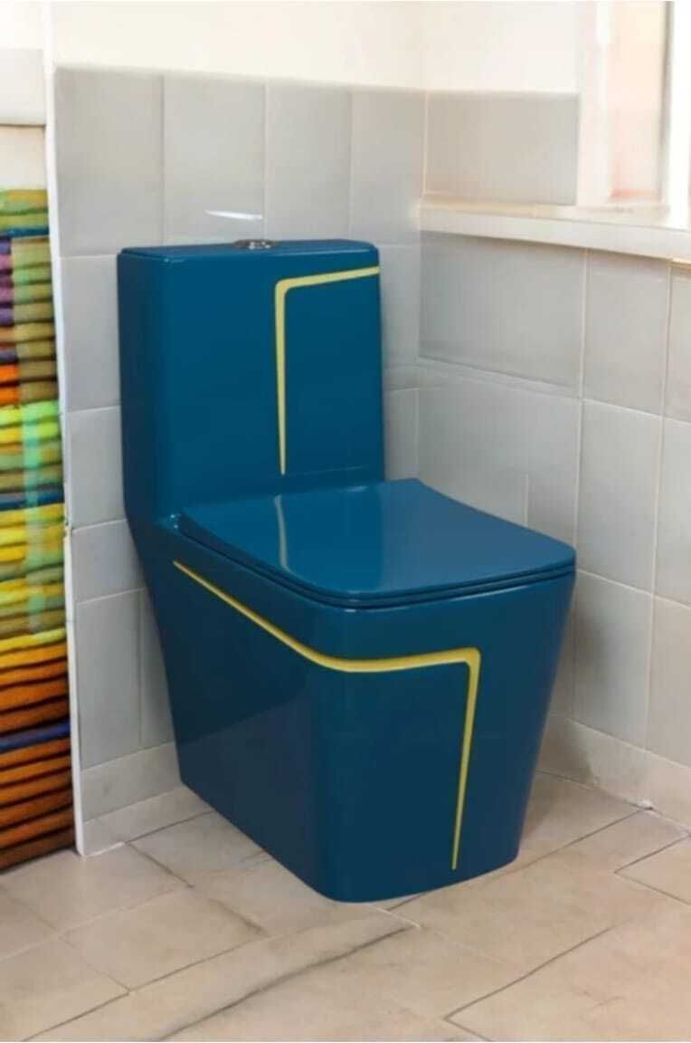 Premium Quality 2026 Shining Royal Blue Commode With Yellow Finishing Line And Round Flush Button Western Commode-image-24
