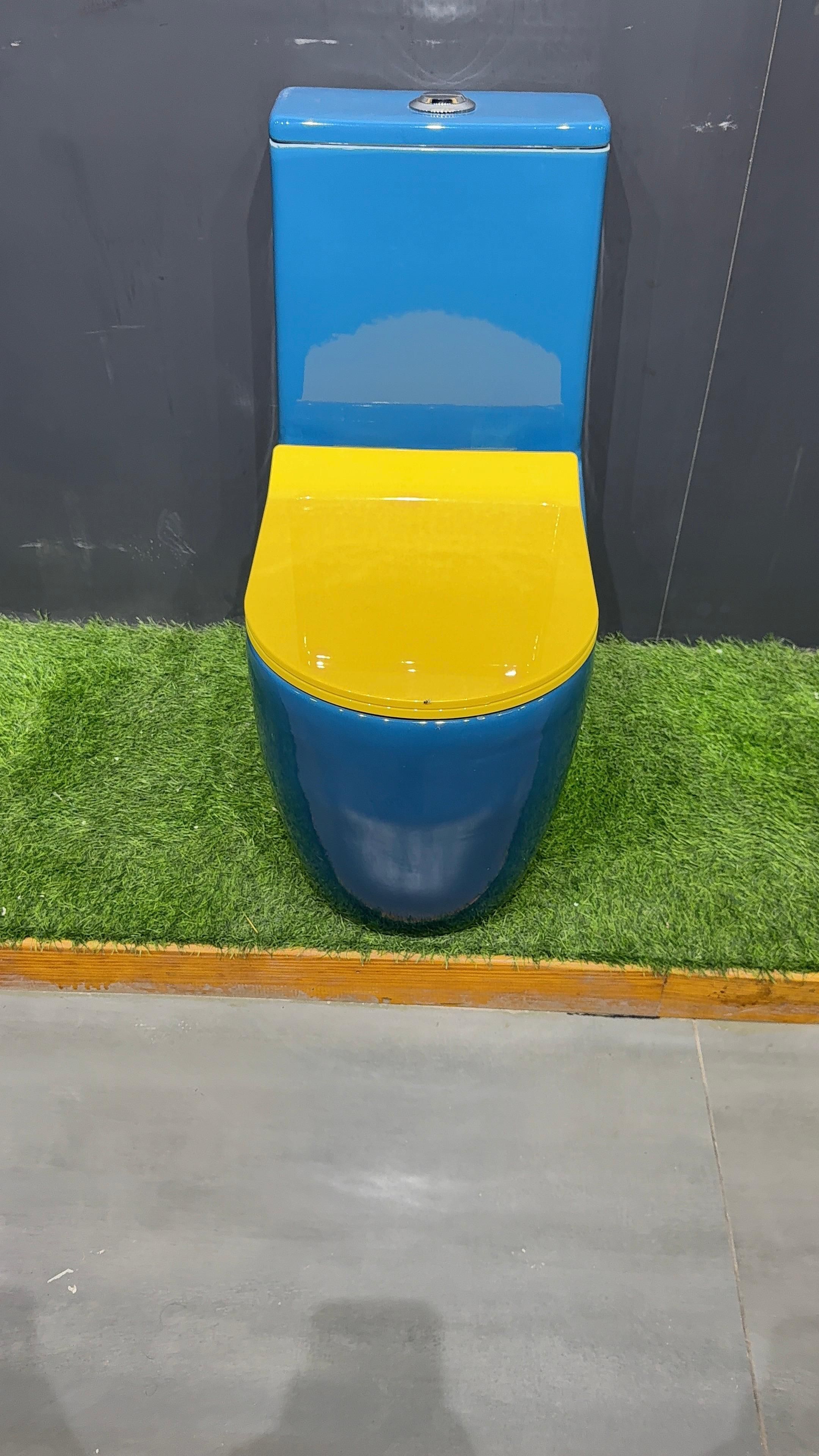 lurexa Premium Quality Royal Blue Western Toilet/Water Closet/Commode With Soft Close Yellowt Seat With Round Flush Button Western Commode-picture-23