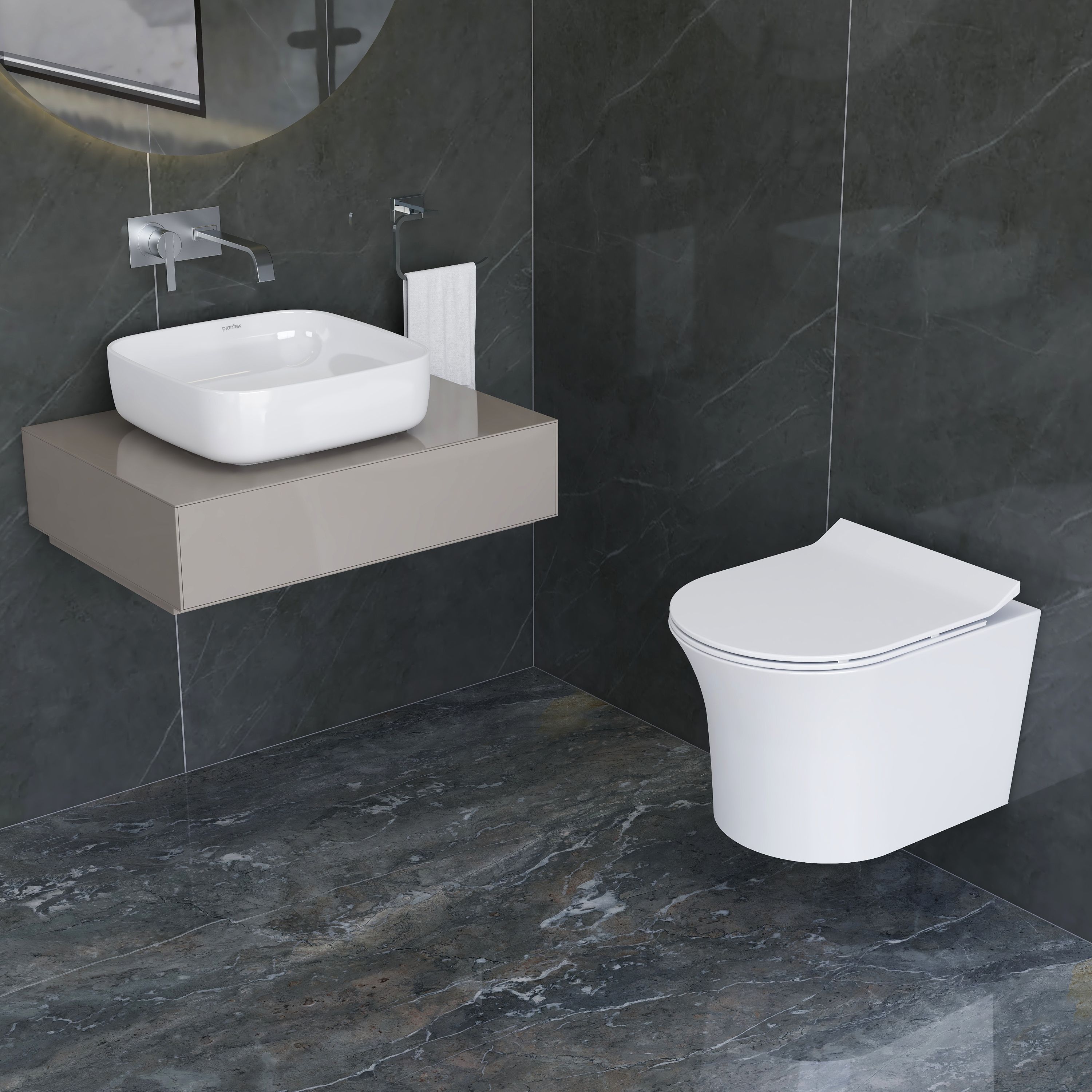 Ceramic Rim Wall Mount Commode with Wash Basin for Bathroom/P Trap Washdown Flush Commode with Toilet Seat Cover/Tabletop Basin - White (Combo) Western Commode-image-3