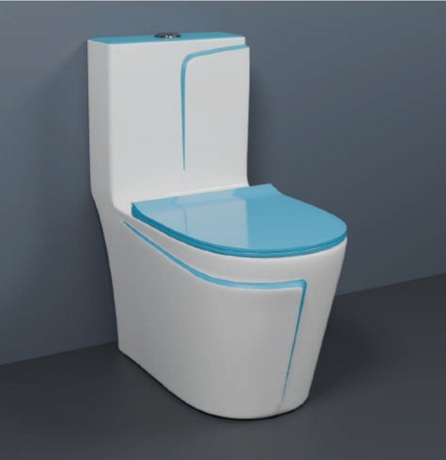 C03 Premium White Commode With T Blue Finishing Line And Round Flush Button Western Commode