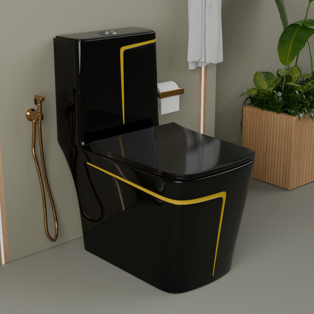 2010EL Premium Quality Shining S-Trap Square Black Commode With Yellow Line Finishing Western Commode-image-32