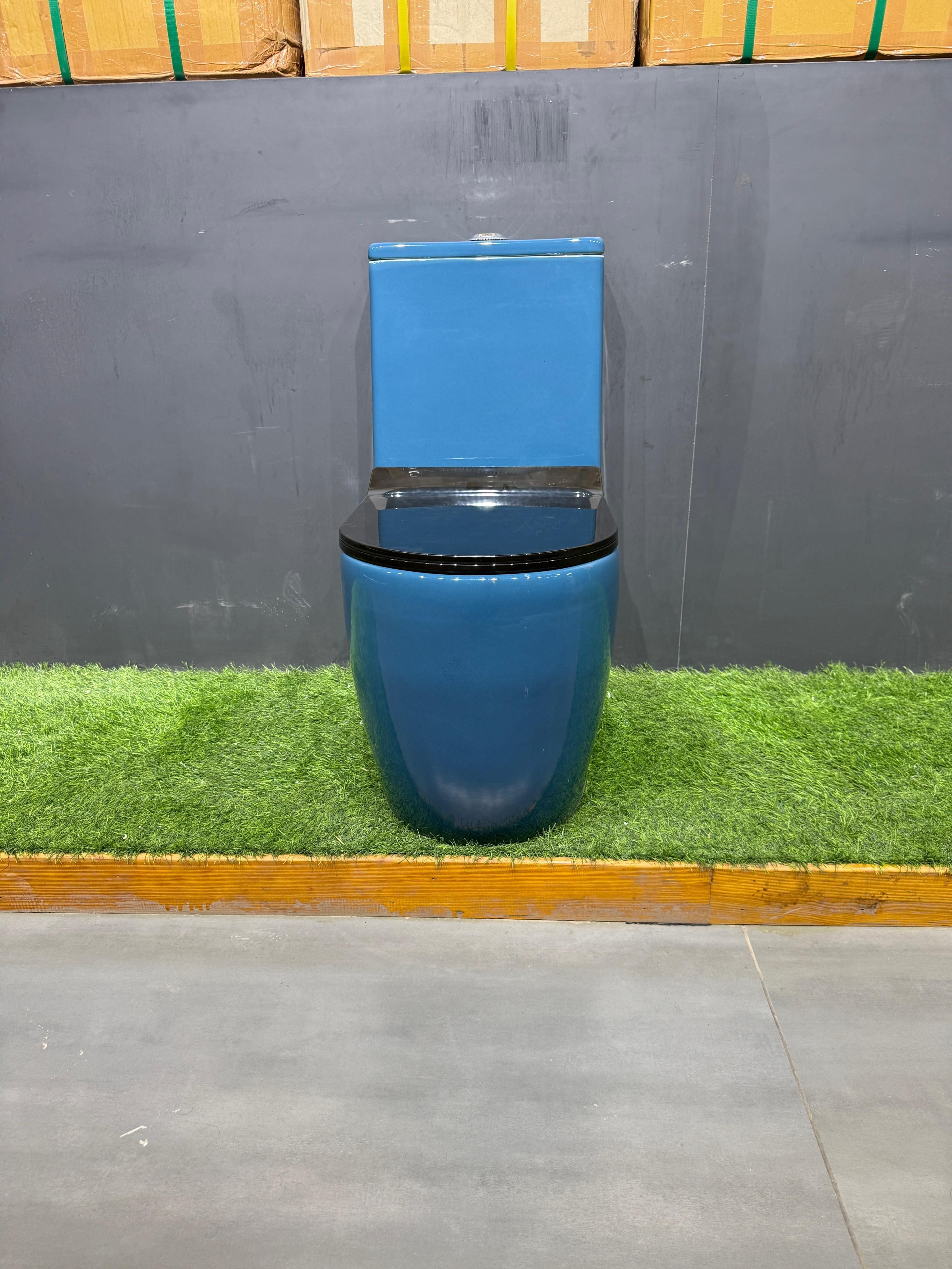 Premium Quality Royal Blue Western Toilet/Water Closet/Commode With Soft Close Black Toilet Seat Cover With Round Flush Button Western Commode-image-0
