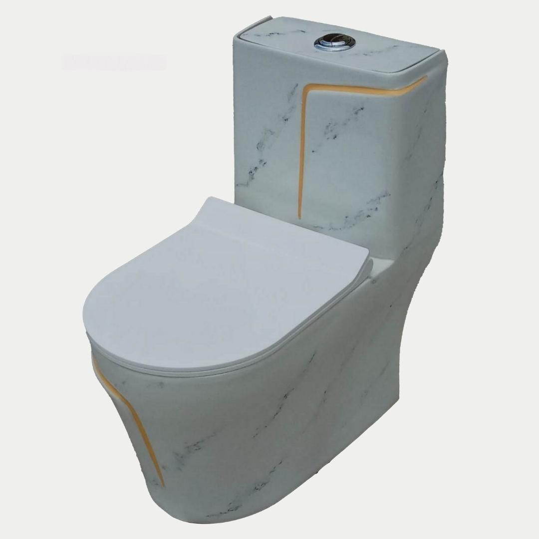Shining white Marble commode with Yellow Finishing Line and Round Flush Button Western Commode-image-11