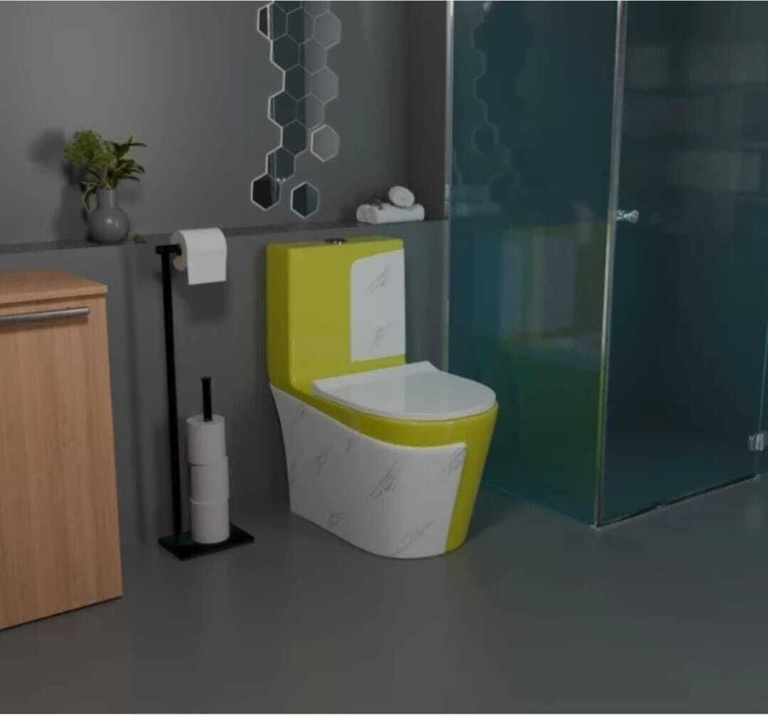 Premium Quality 1017 Shining Yellow commode with White Marble Finish and Round Flush Button Western Commode-image-17