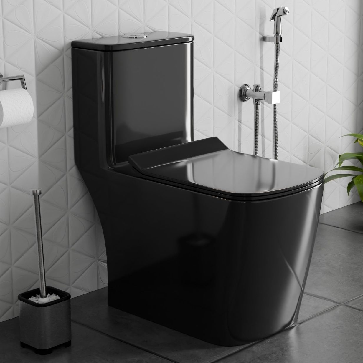 Floor mounted S-trap Ceramic Shining Black commode with seat cover and Round Flush Button/9 inch Western Commode-image-3