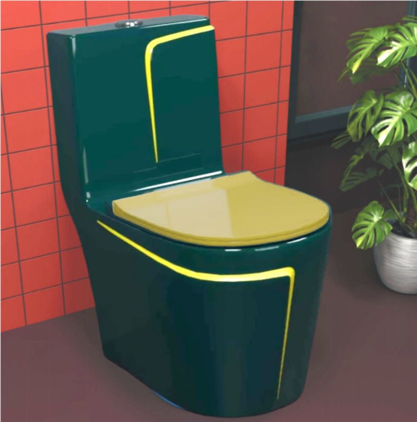 dot C 9928 Premium Quality Shining Royal Green commode with Yellow Finishing Line & Yellow Seat Cover And Round Flush Button Western Commode-picture-39