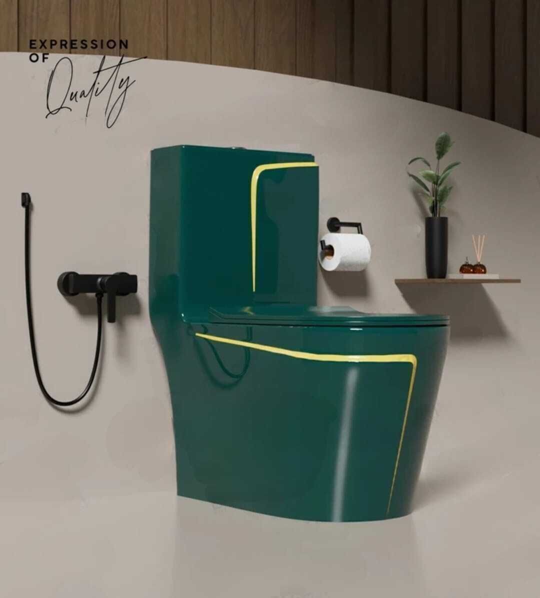 dot Premium Quality 1028 Shining Royal Green commode with Yellow Finishing Line And Round Flush Button Western Commode-picture-22