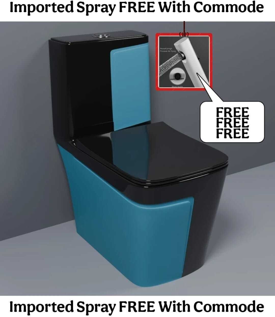 solano C/T019 Premium Quality Shining Black Commode With Matt SKY Blue Finish And Round Flush Button Western Commode-picture-23