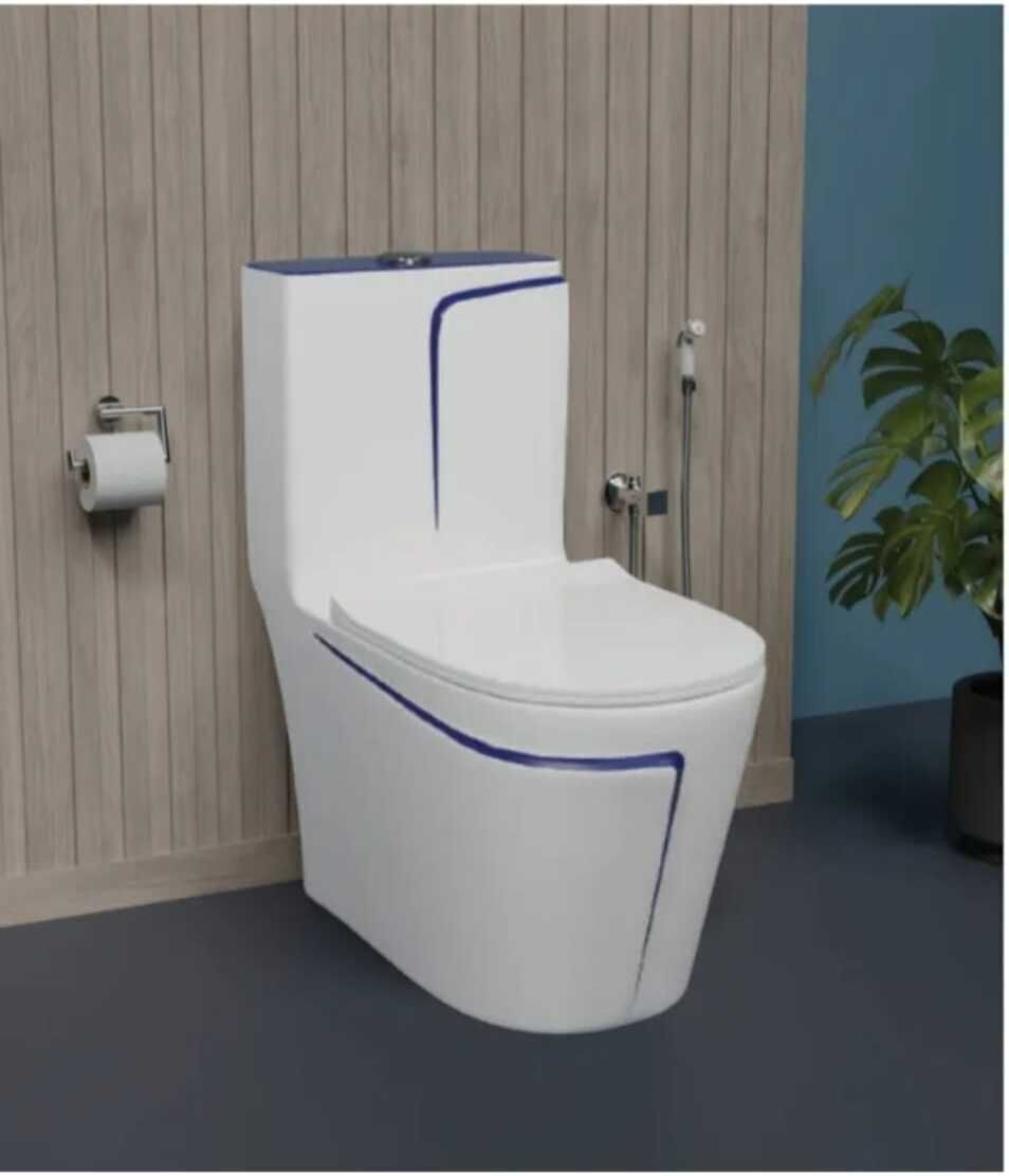 Premium Quality 1002 Shining White Commode With So Blue Finishing Line And Round Flush Button Western Commode-image-14