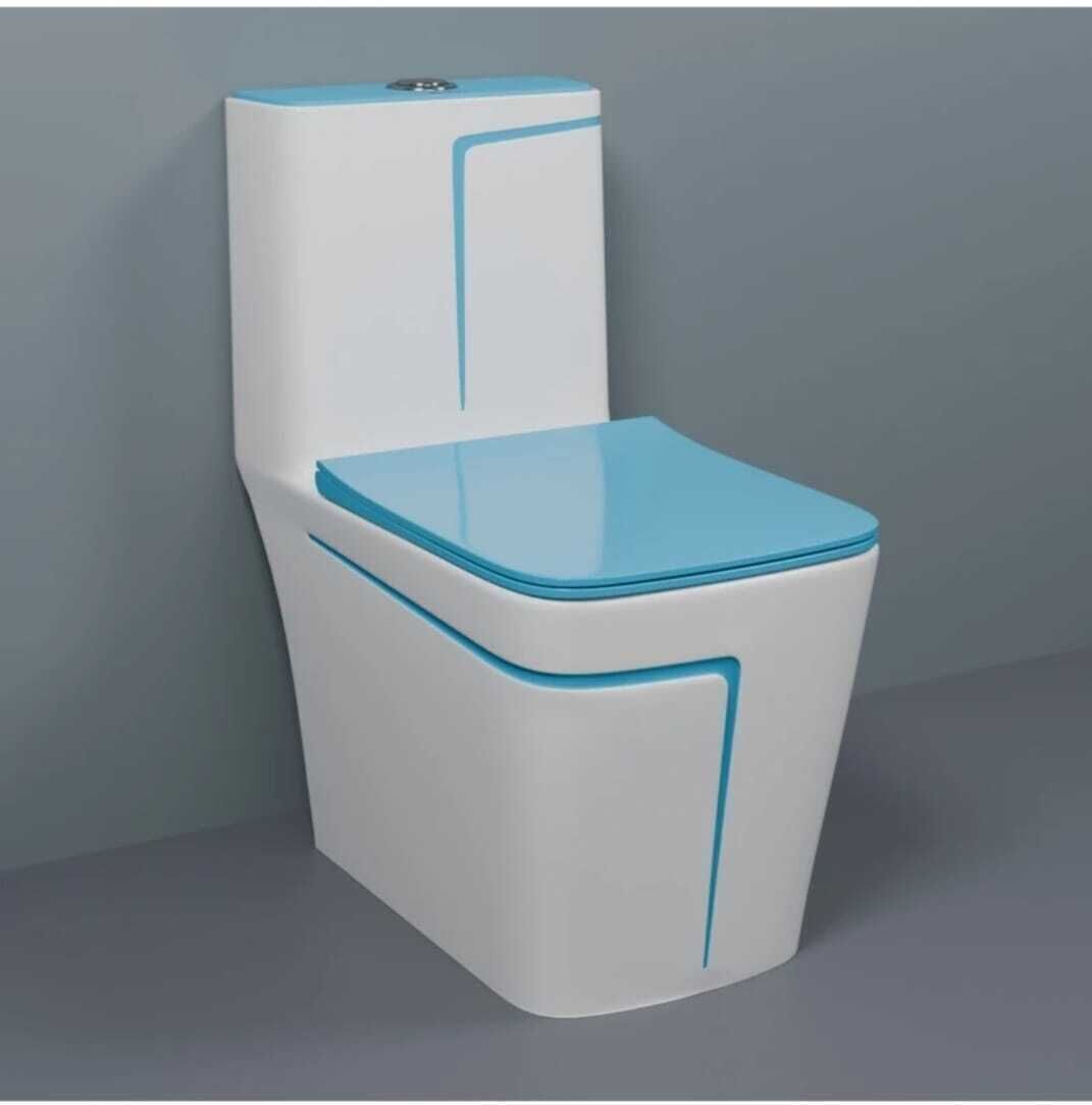 Premium Quality 2003 Shining White commode with SKY Blue Finishing Line and Round Flush Button Western Commode-image-10