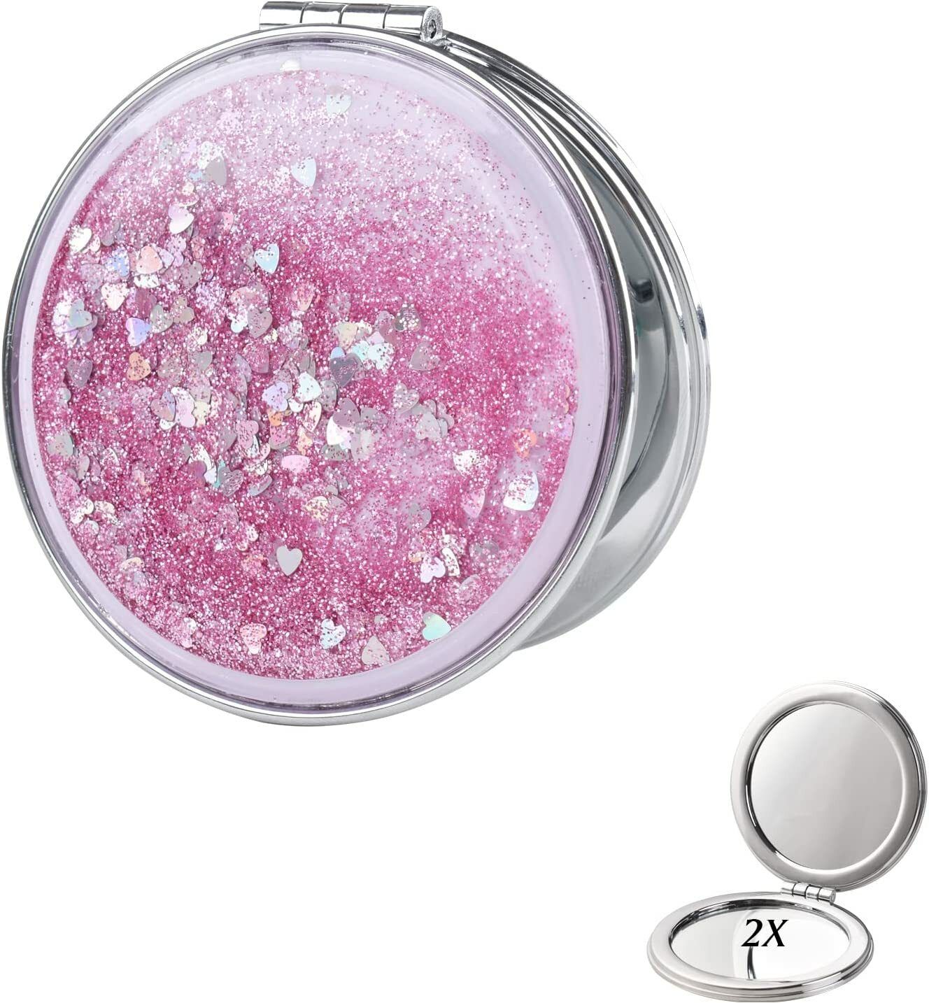 Double-Sided Portable Compact Mirror, Creative Quicksand Makeup Mirror pink-image-2