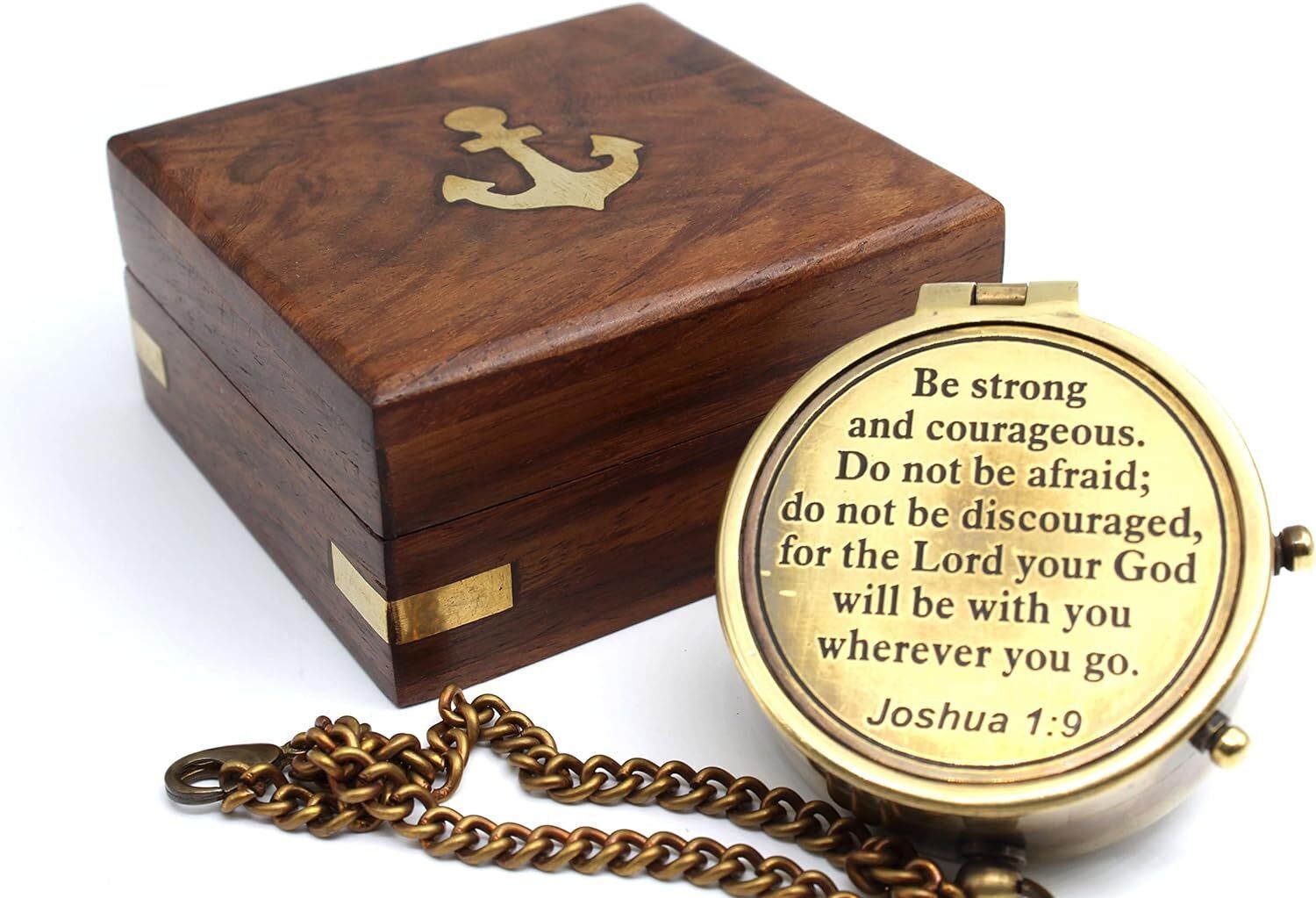 Be Strong and Courageous Do Not Be Afraid Antique Nautical with Wooden Case Compass-image-44