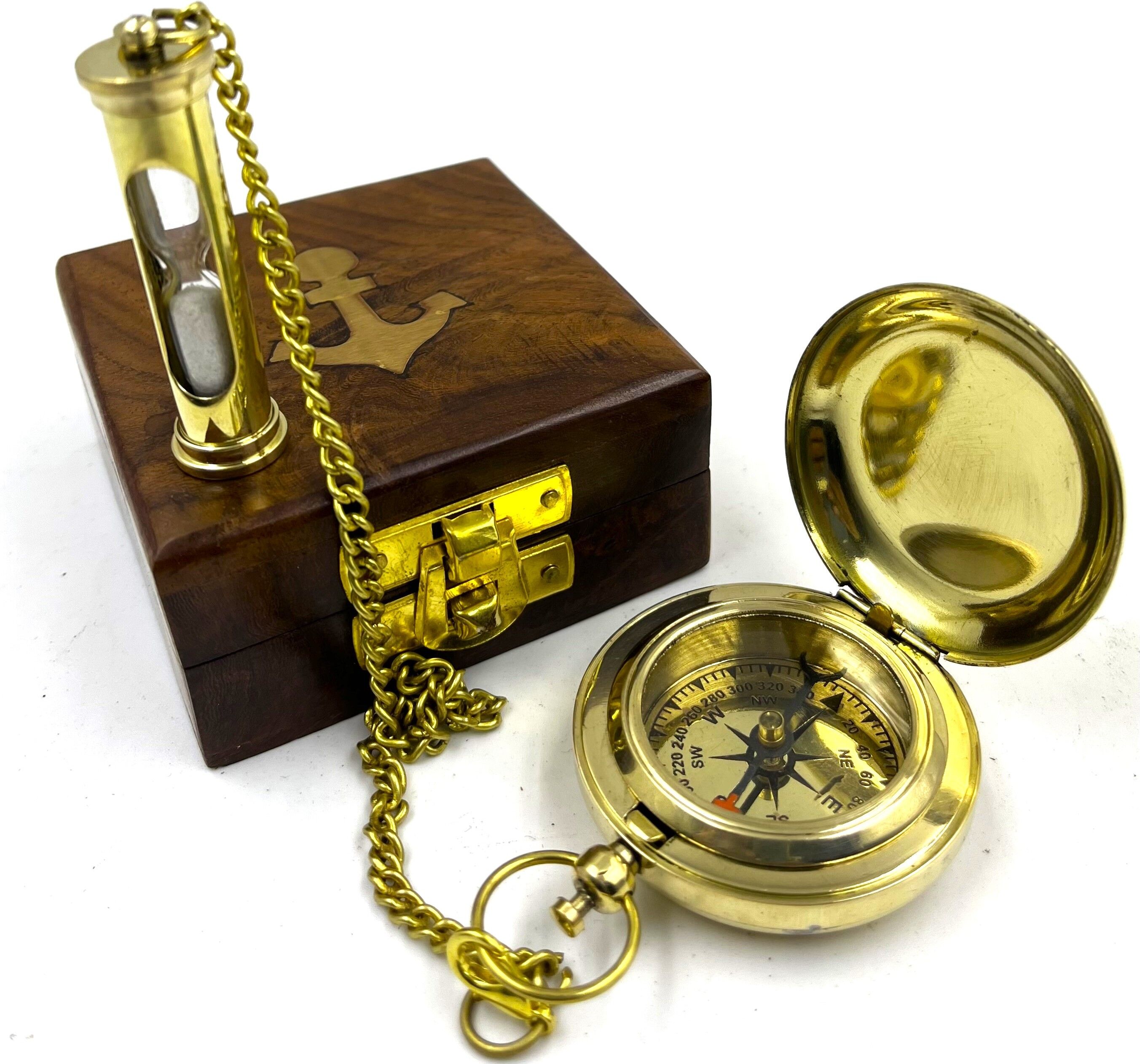 ascent india Brass pocket compass chain sand timer keychain nautical wood box gift Compass-picture-27