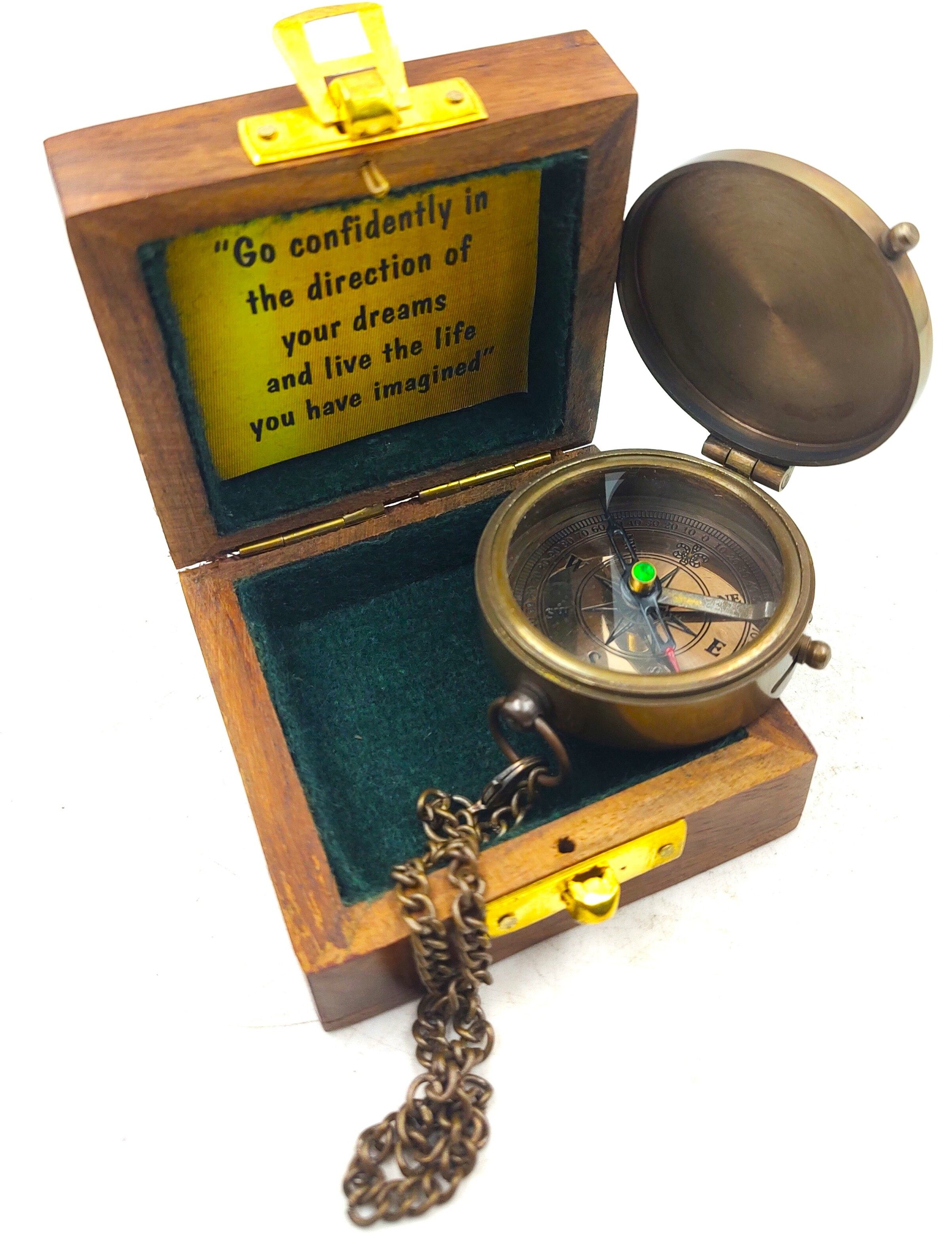Brass Pocket compass chain with wood box Gift Compass-image-21