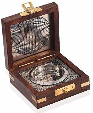 ntique Silver Finish Brass Pocket Compass in Wooden Box Maritime Decor Compass-image-35