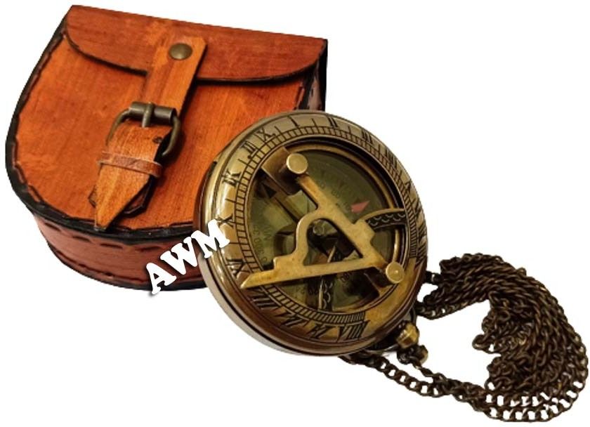 Sundial Compass Sundial Antique Brass Compass 3"with leather case Compass-image-31