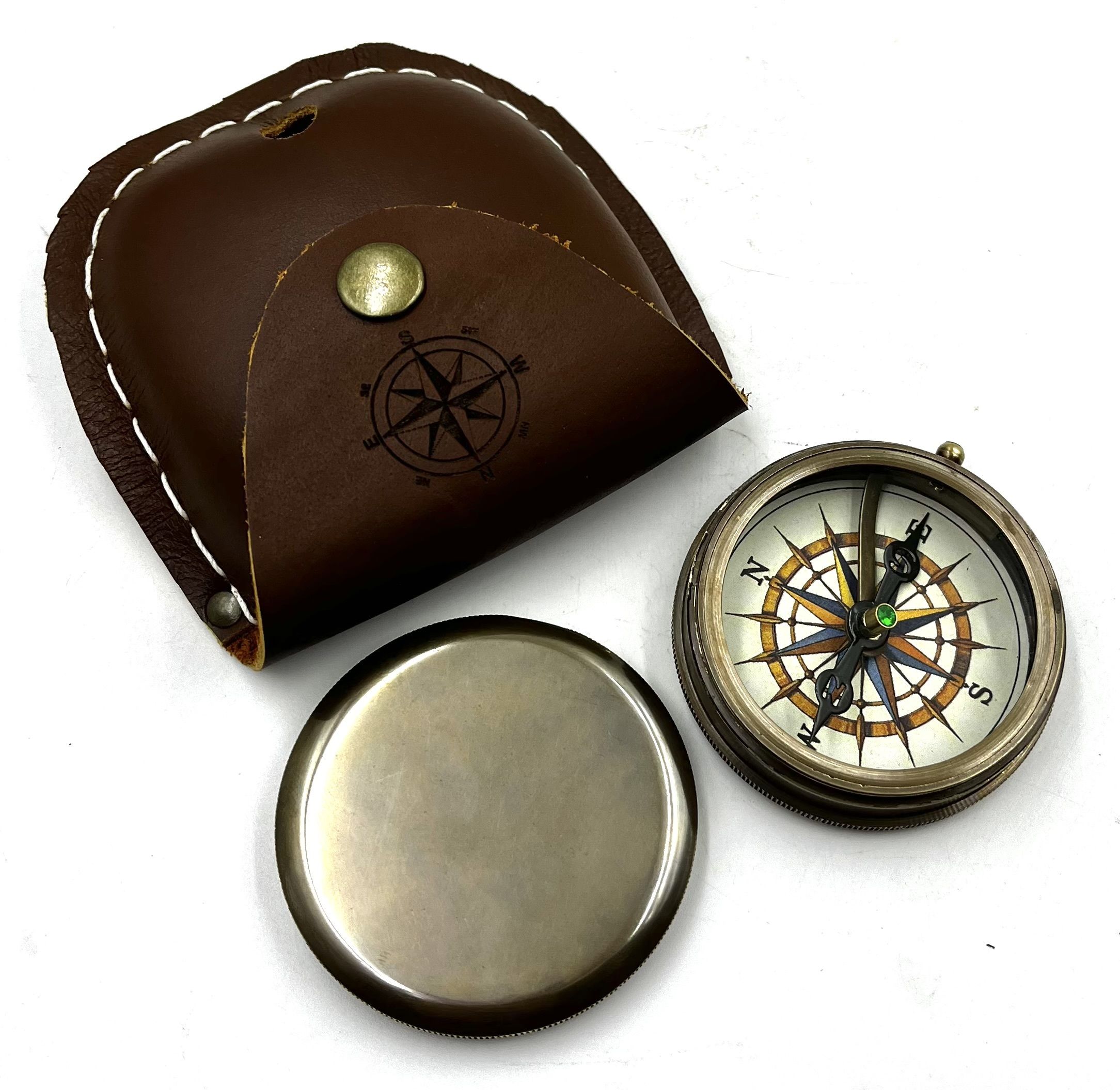 Brass Round Lid compass nautical with Leather case Compass-image-35