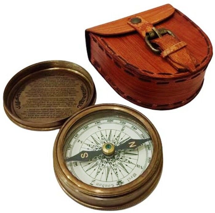 akki Robert Frost Handmade Compass Maritime Brass Nautical 2" with leather case Compass-picture-10