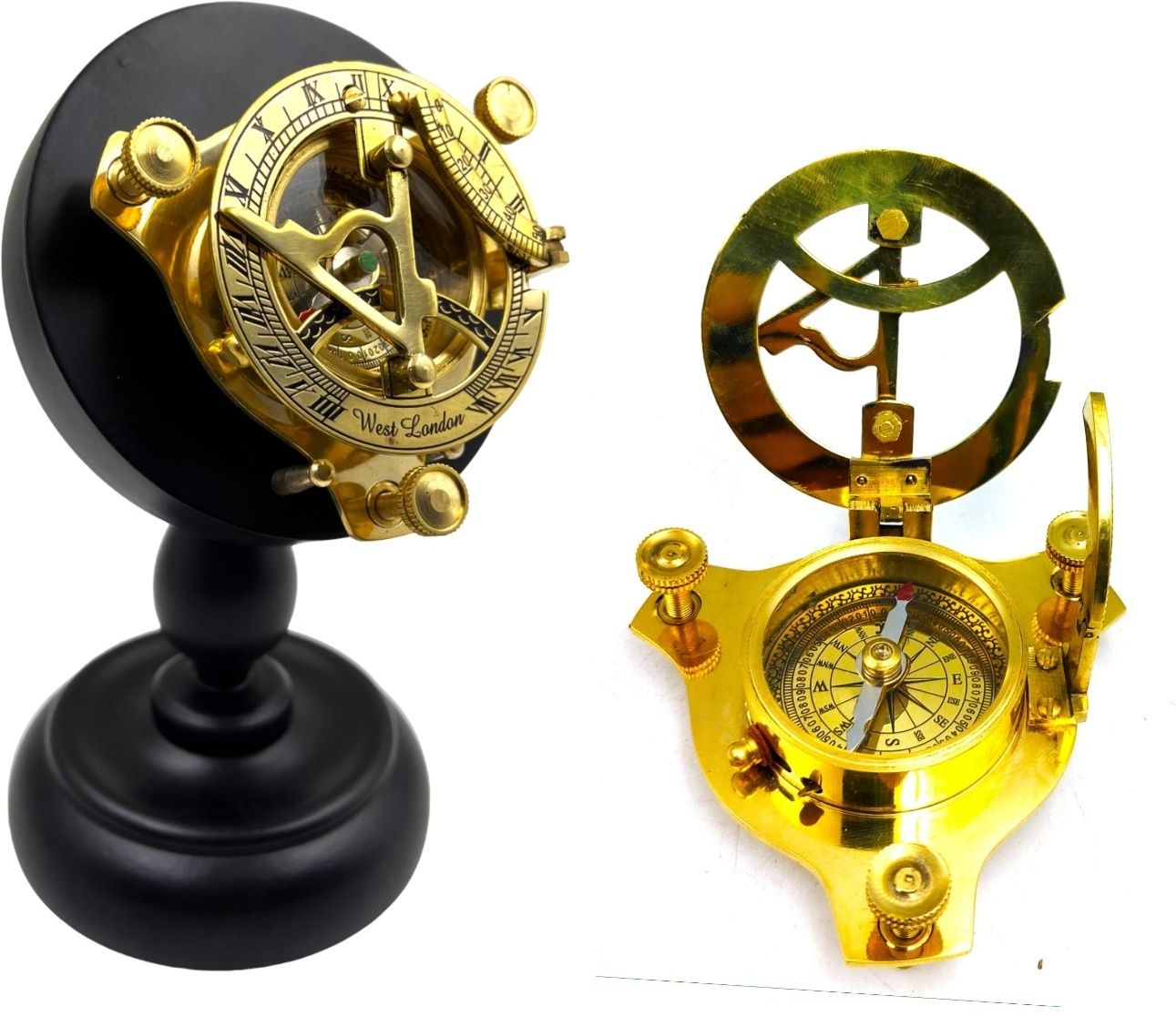 ascent india Brass Sundial compass triangle sun clock with wood Display Stand nautical Compass-picture-20