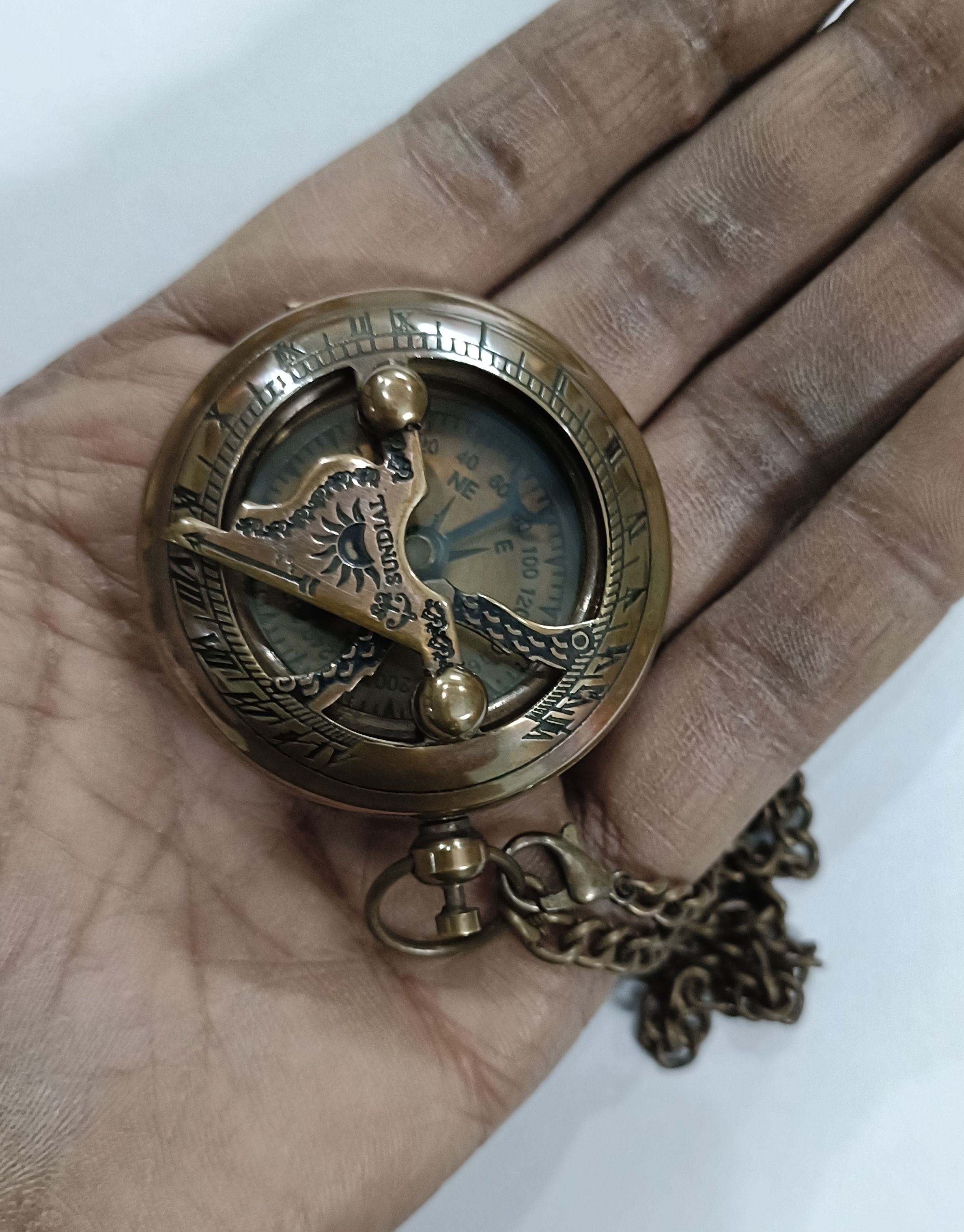 Antique Brass Sundial Pocket Compass Compass