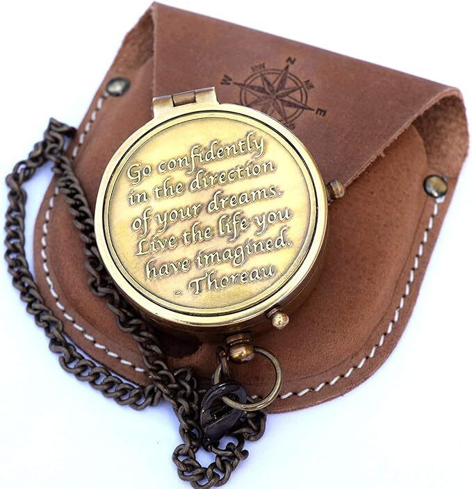 sanahill Brass Compass Engraved with Thoreau's Go Confidently Quote Stamped Leather Case Compass-picture-24