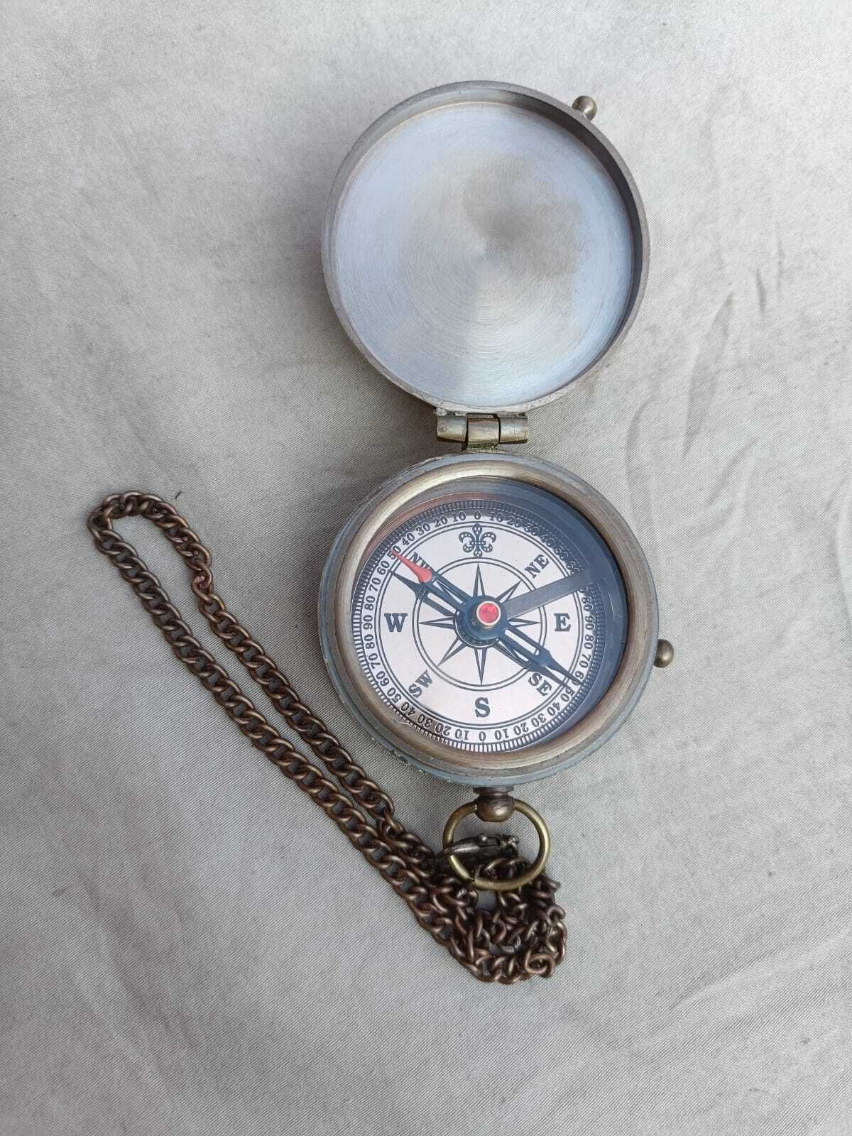 skhome Vintage Antique Brass Pocket Compass with Chain and Lid Compass-picture-27
