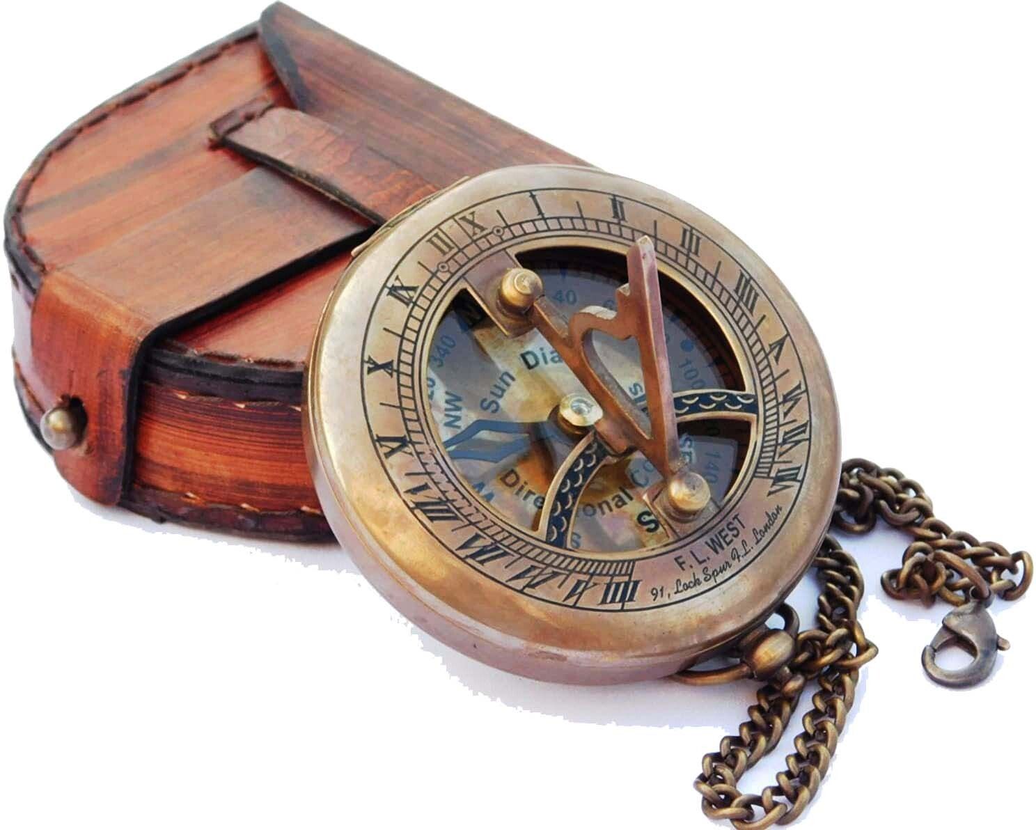 Antique Brass Sundial Compass with Leather Case and Chain Nautical Sundial Compass-image-28
