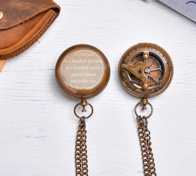 Personalized Pocket Compass Sundial Brass Nautical with Leather Cover Compass