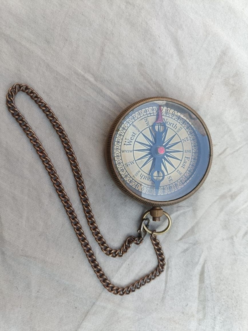 Vintage Brass Pocket Compass with Chain - Antique Nautical Gift Item (Gold) Compass-image-39