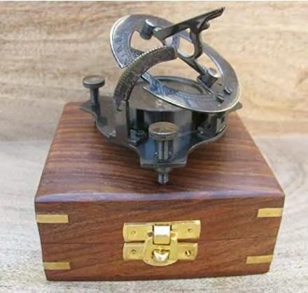 Brass Sundial Compass with Wooden Box Maritime Sun Clock Navigation Tool Compass-image-23