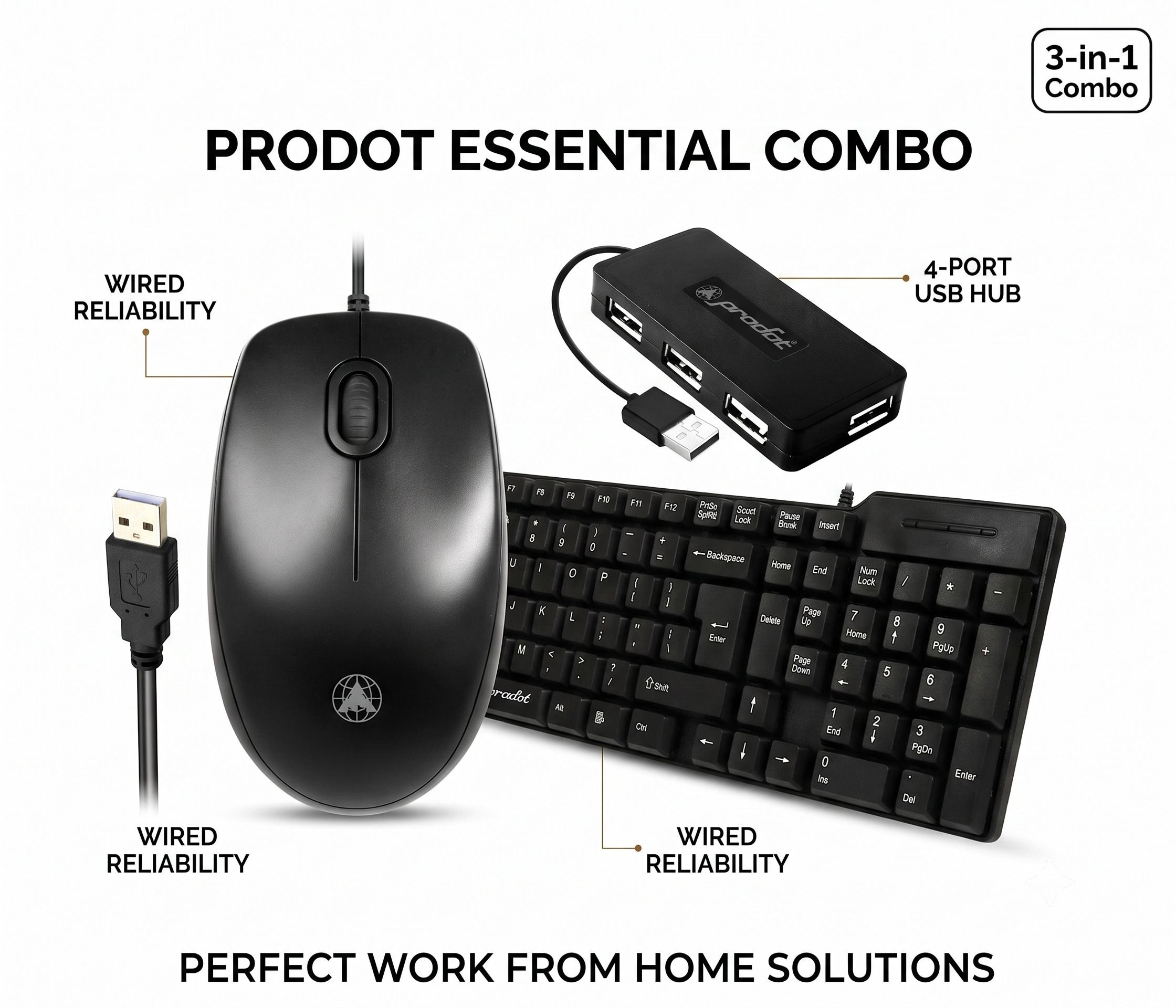 PRODOT 3-in-1 Combo - Wired Keyboard, Wired Optical Mouse & 4-Port USB Hub Combo Set-picture-25