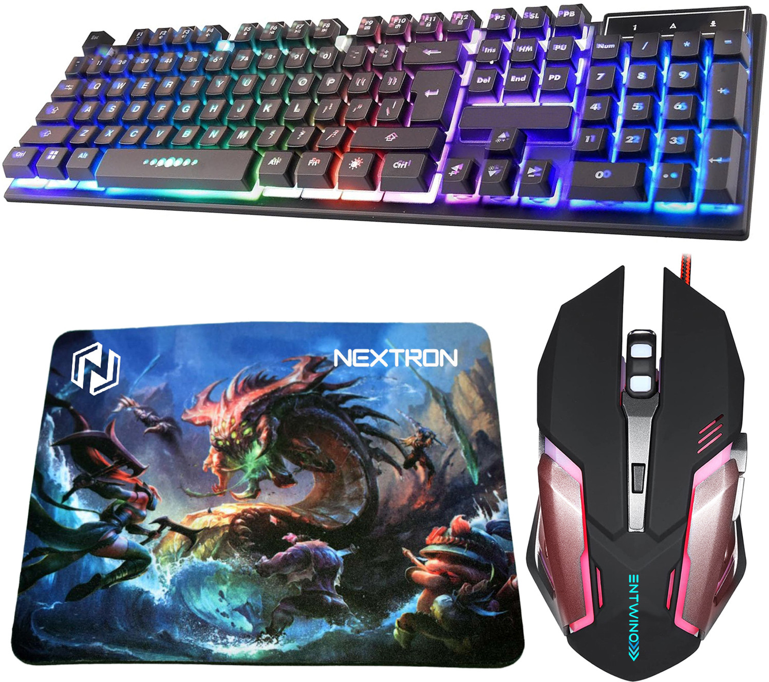 ENTWINO Gaming Keyboard Mouse Combo + Mousepad, RGB Light, Braided Wire Combo Set image 1