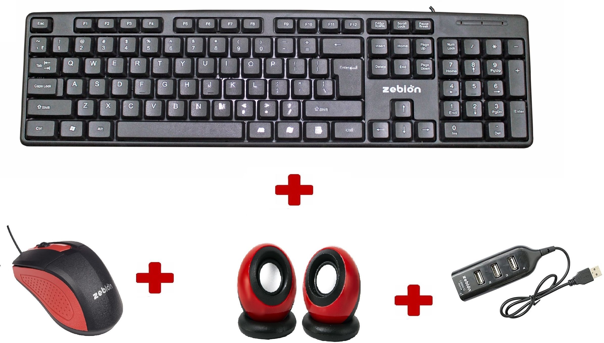 zebion K500 Keyboard + Swag Mouse + PRONTO 101 USB HUB + Adore wired Speaker Combo Set-image-30