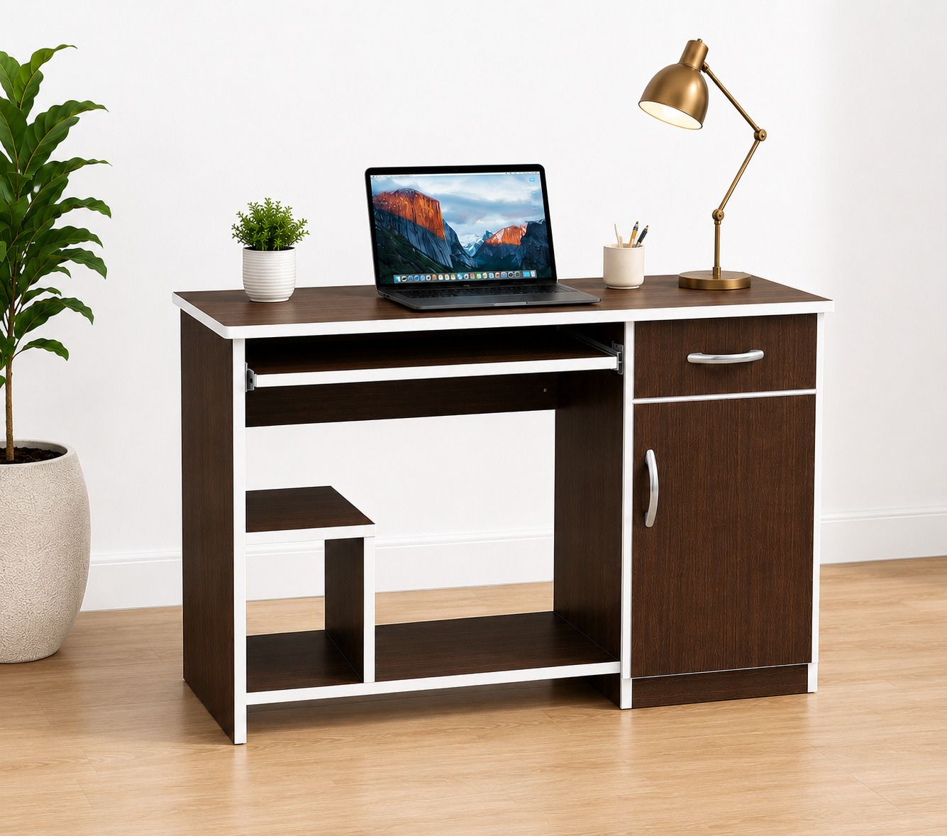 Computer Table with Keyboard Tray, Cabinet & Drawer | Study Desk Engineered Wood Computer Desk-image-32
