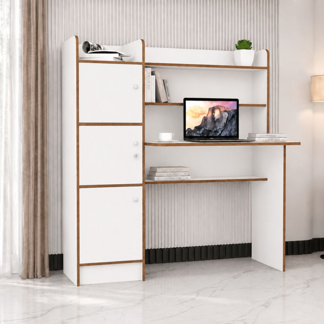 rooso living Vision 3 Door Study Table with Storage Cabinet & Bookshelf Engineered Wood Computer Desk-picture-5