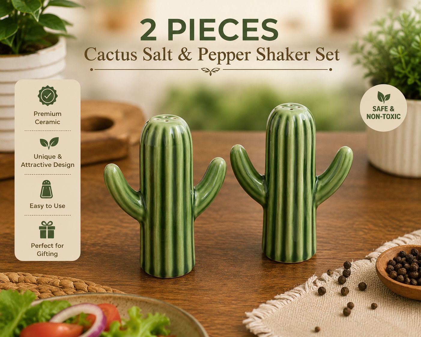 Cactus Ceramic Salt & Pepper Shaker Set Pack of 2 for Kitchen Decor Sugar Shaker 40 gm-image-26