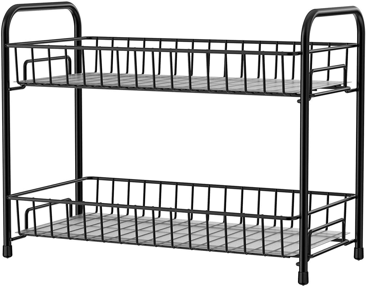 Utensil Kitchen Rack 2-Tier Black Metal Spice Rack for Kitchen Countertop, Storage Organizer for Jars Steel-image-5