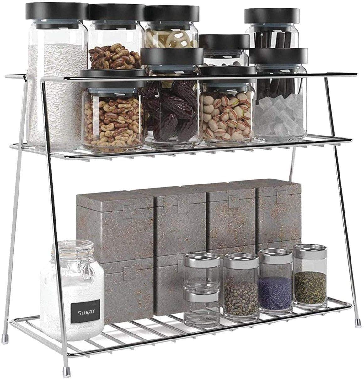 chromeplus Containers Kitchen Rack 2-Tier Free Standing Kitchen Rack-Spice Container Organizer, Jar Holder Rack Steel-picture-4