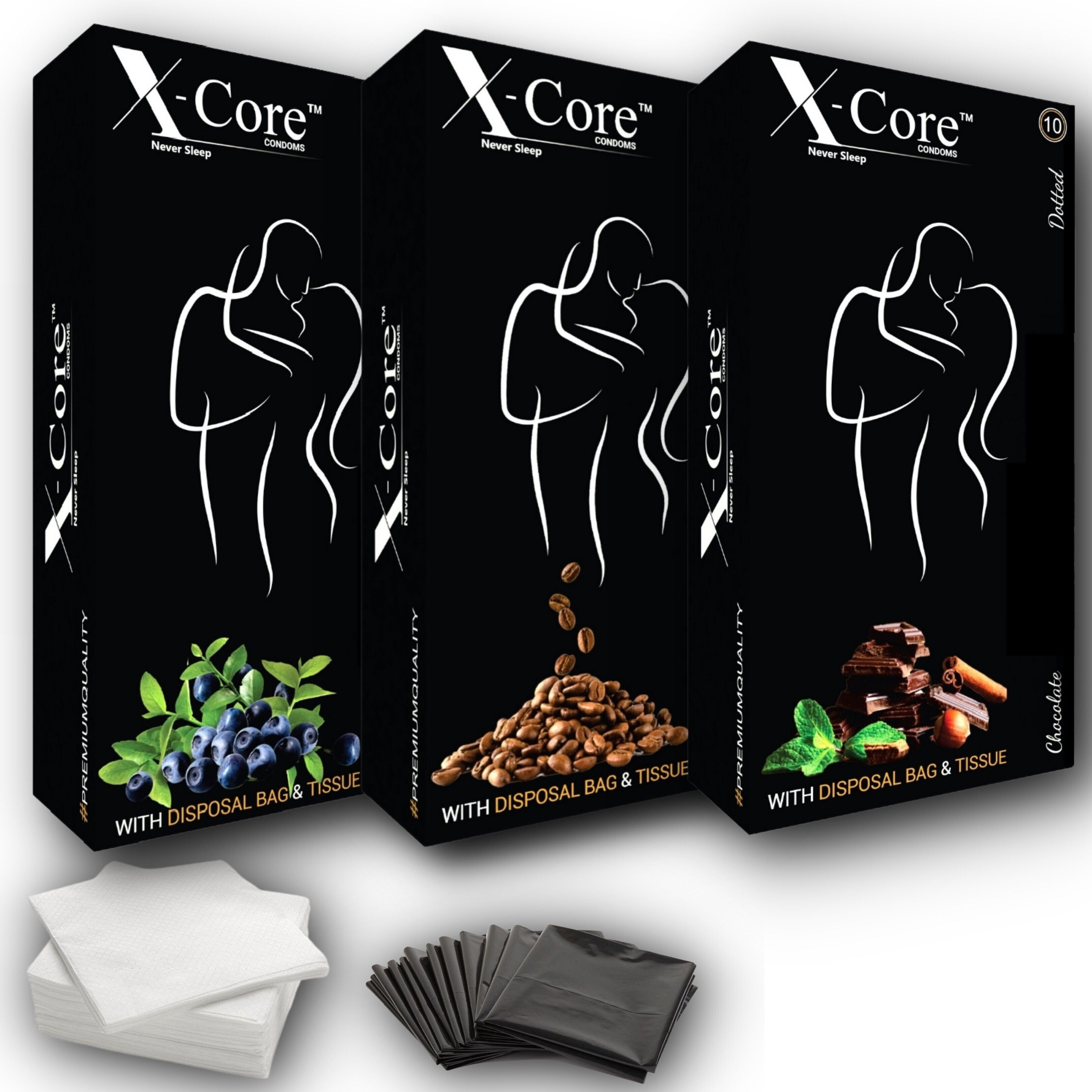 x-core dotted condoms 30 pcs flavored condom with 30 pcs. DISPOSAL POUCHES & 30 pcs. TISSUE PAPERS, Free of chemicals like paraben, Flavors-(Chocolate & Blueberry, Coffee) 3×10's box= 30 PCS. Condom-picture-14