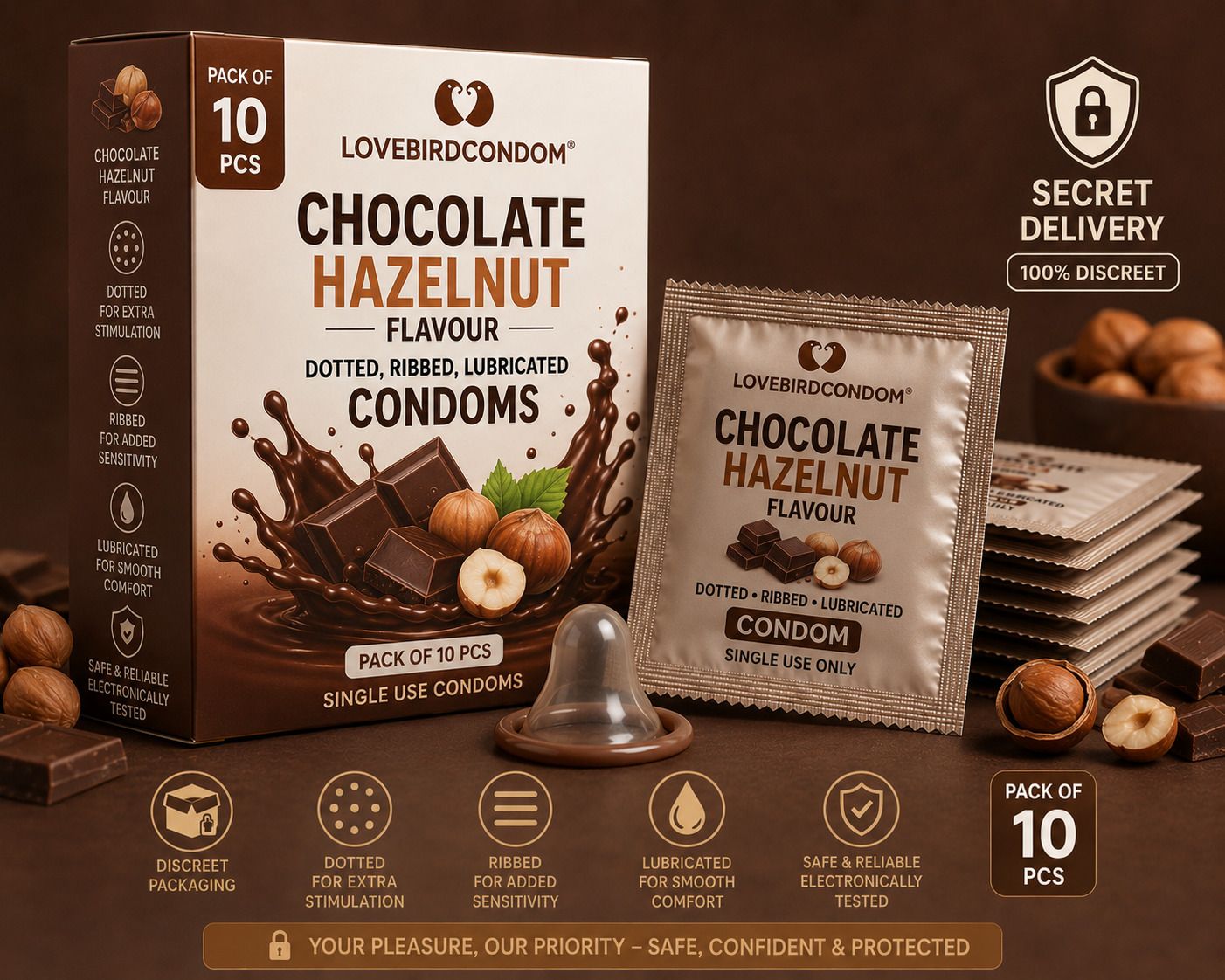 Premium Chocolate Hazelnut Flavour Condoms | Lubricated | Dotted & Ribbed Condom-image-7