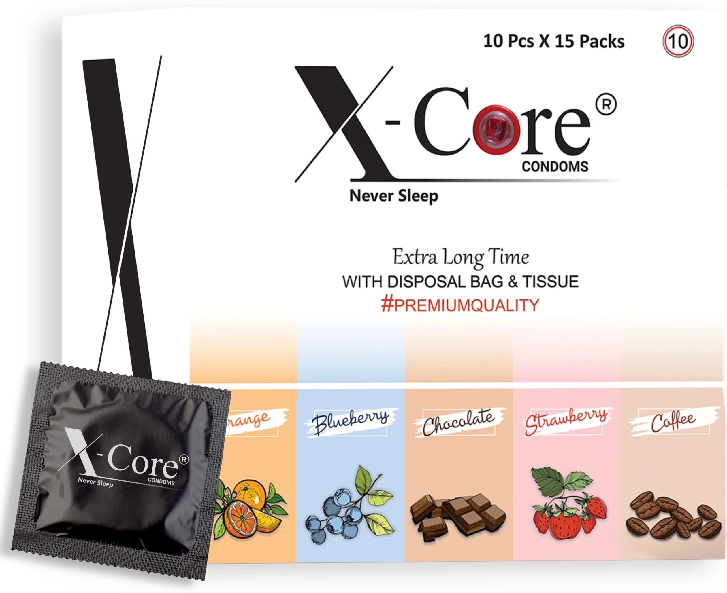 x-core dotted condoms 150 pcs flavored condom with 150 pcs. DISPOSAL POUCHES & 150 pcs. TISSUE PAPERS, Free of chemicals like paraben, Flavors-(Strawberry) 15×10's box= 150 PCS. Condom-picture-14