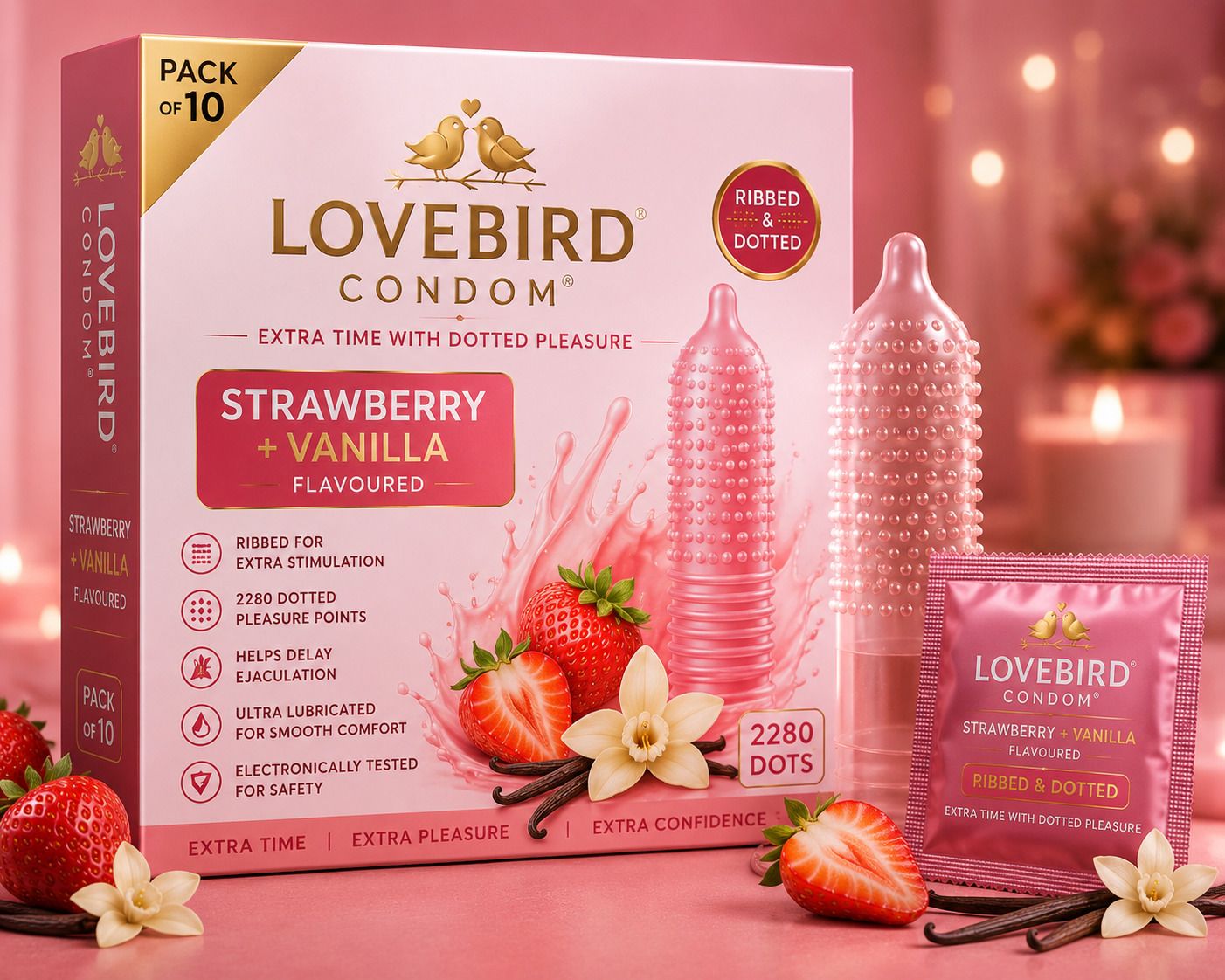 lovebirdcondom Strawberry&Vanilla Flavoured | Premium Lubricated | Dermatologically Tested Condom-picture-15