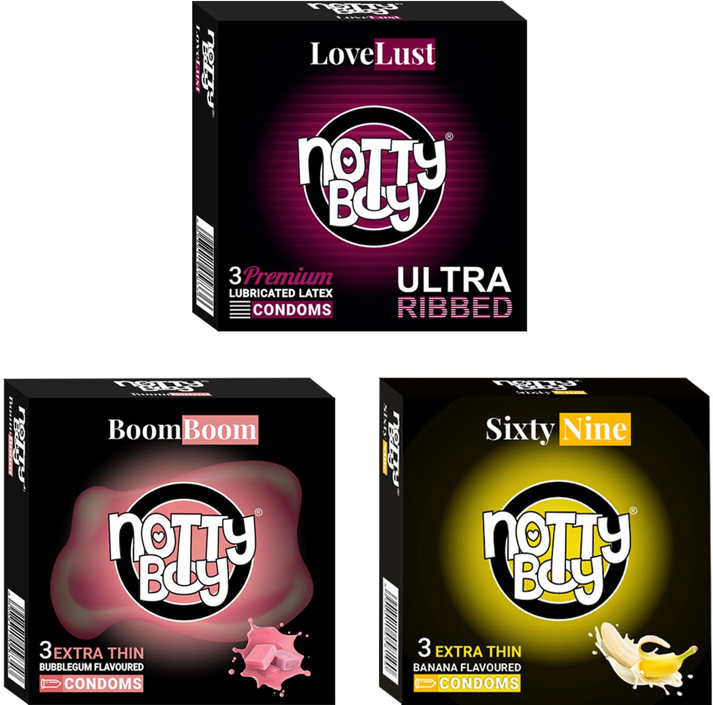 nottyboy Honeymoon Pack Ultra Ribbed, Extra Thin Bubblegum and Banana Flavoured Combo Condom-picture-19