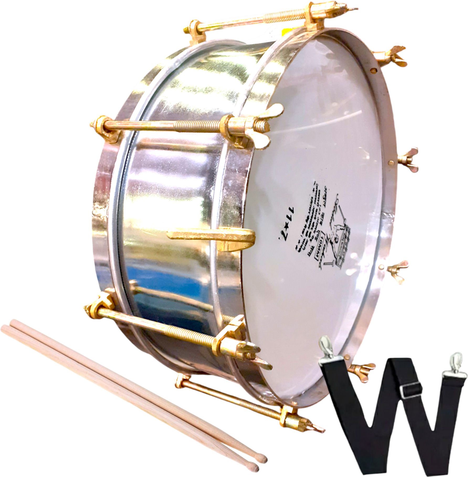 Side Drum 12 Inch with Belt & Drum sticks Nickel Polished Body - Ideal for Bands Acoustic 1 Drum Kit Set-image-47