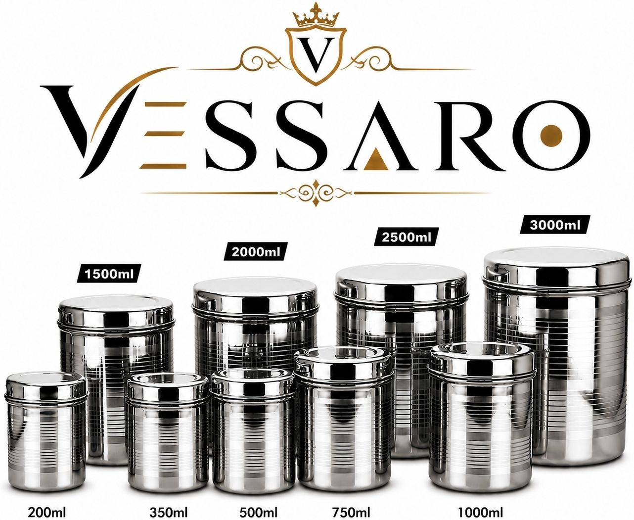 vessaro Steel, Stainless Steel Grocery Container - 3000 ml, 2500 ml, 2000 ml, 1500 ml, 1000 ml, 750 ml, 500 ml, 350 ml, 200 ml-picture-36
