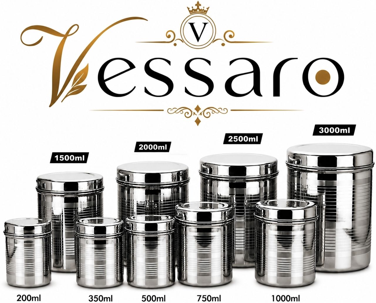 vessaro Steel, Stainless Steel Grocery Container - 3000 ml, 2500 ml, 2000 ml, 1500 ml, 1000 ml, 750 ml, 500 ml, 350 ml, 200 ml-picture-20
