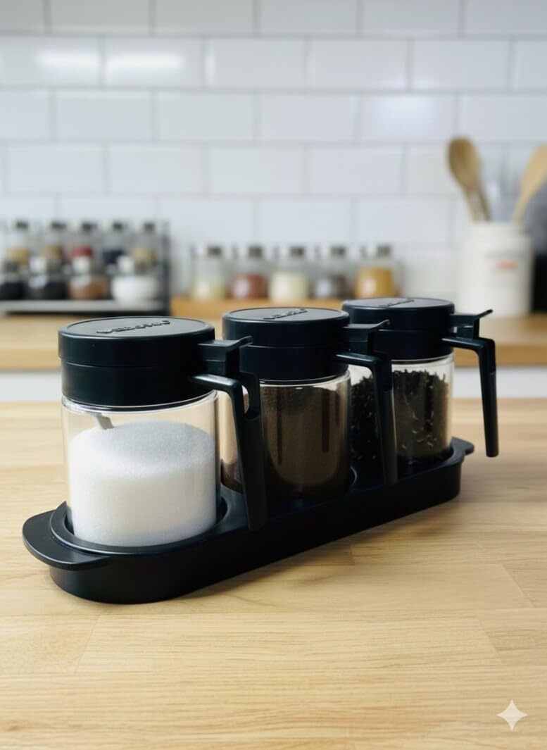 Spice Jar Set with Black Lids and Tray Sugar Sprinkler Shaker 330 gm